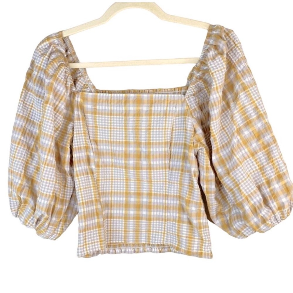 Maeve Anthropologie Plaid Smocked Puff Sleeve Blouse